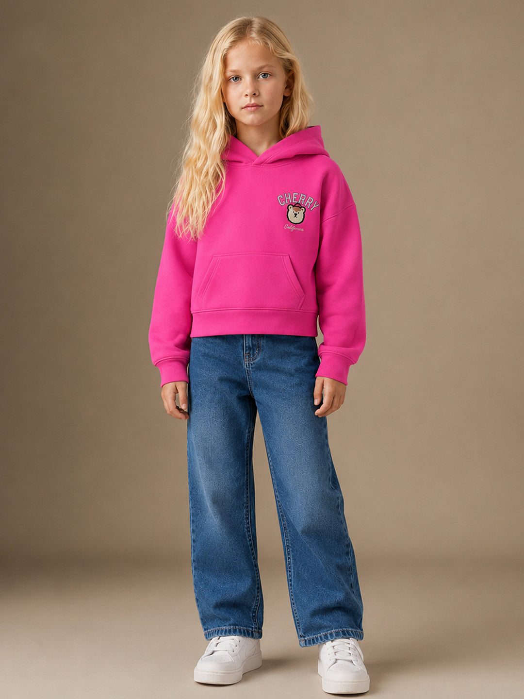 Cherry Crumble Girls Pink Solid Polyester Straight hoodie