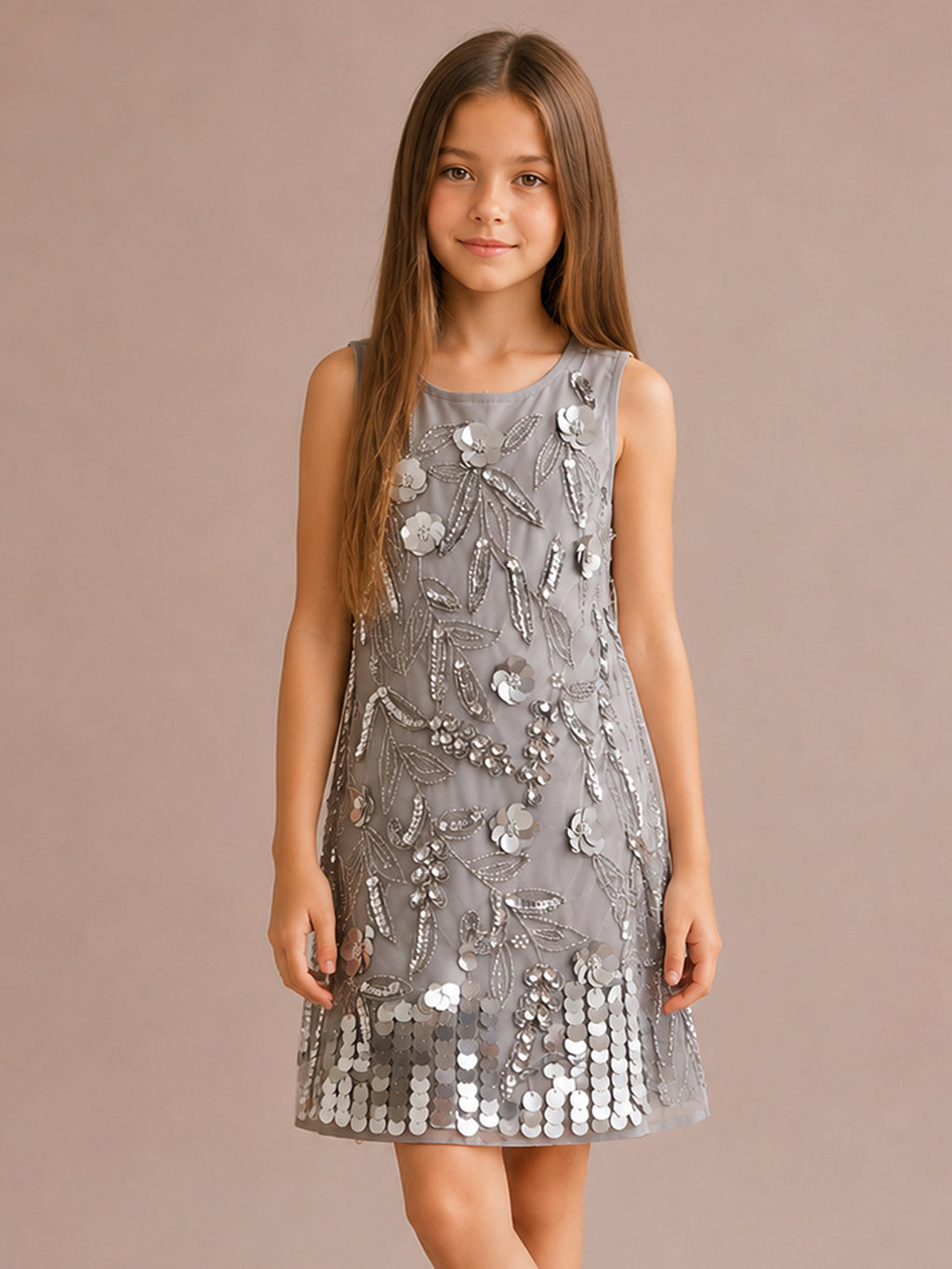 Cherry Crumble Girls Grey Solid Embellished Sleeveless A-Line Dress