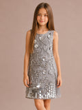 Cherry Crumble Girls Grey Solid Embellished Sleeveless A-Line Dress