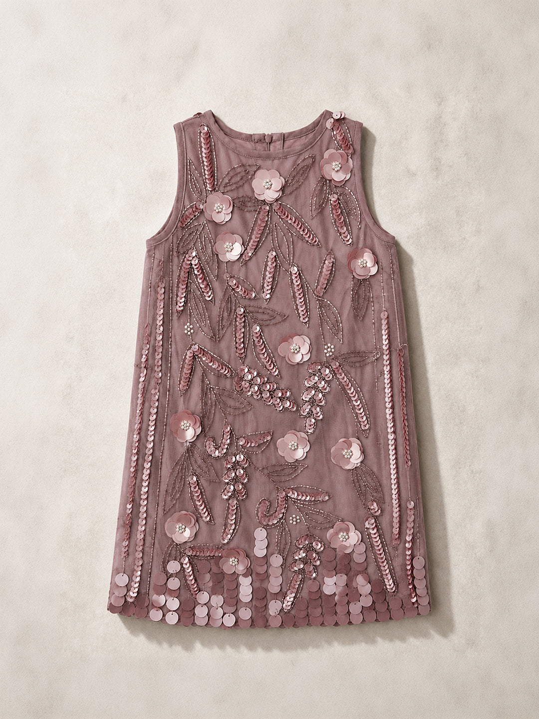 Beige Sequin Embroidered Tulle A-Line Dress