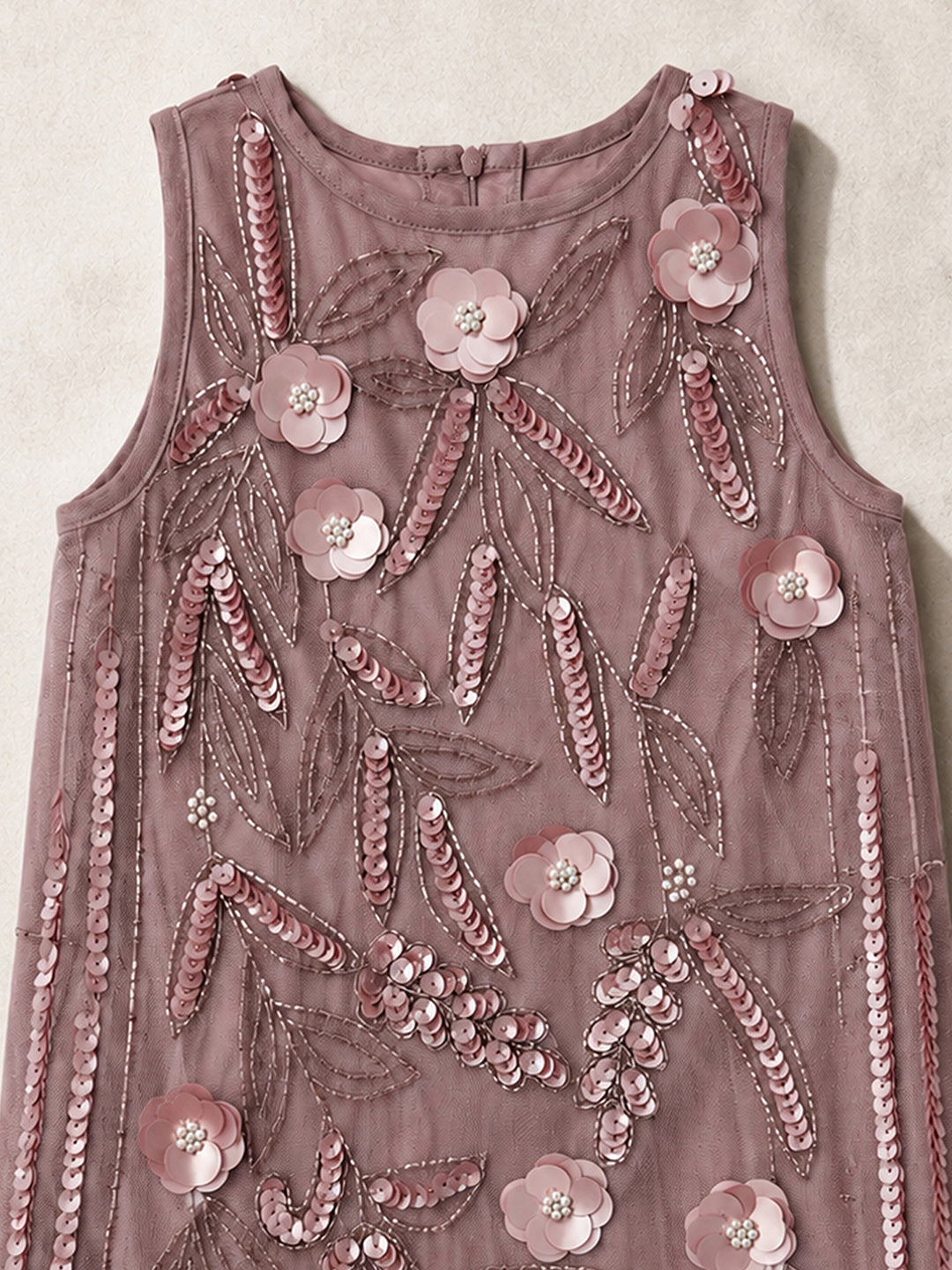 Beige Sequin Embroidered Tulle A-Line Dress