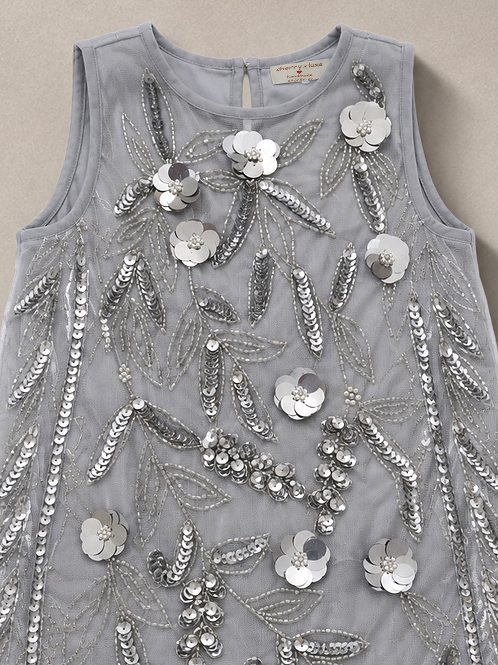 Cherry Crumble Girls Grey Solid Embellished Sleeveless A-Line Dress