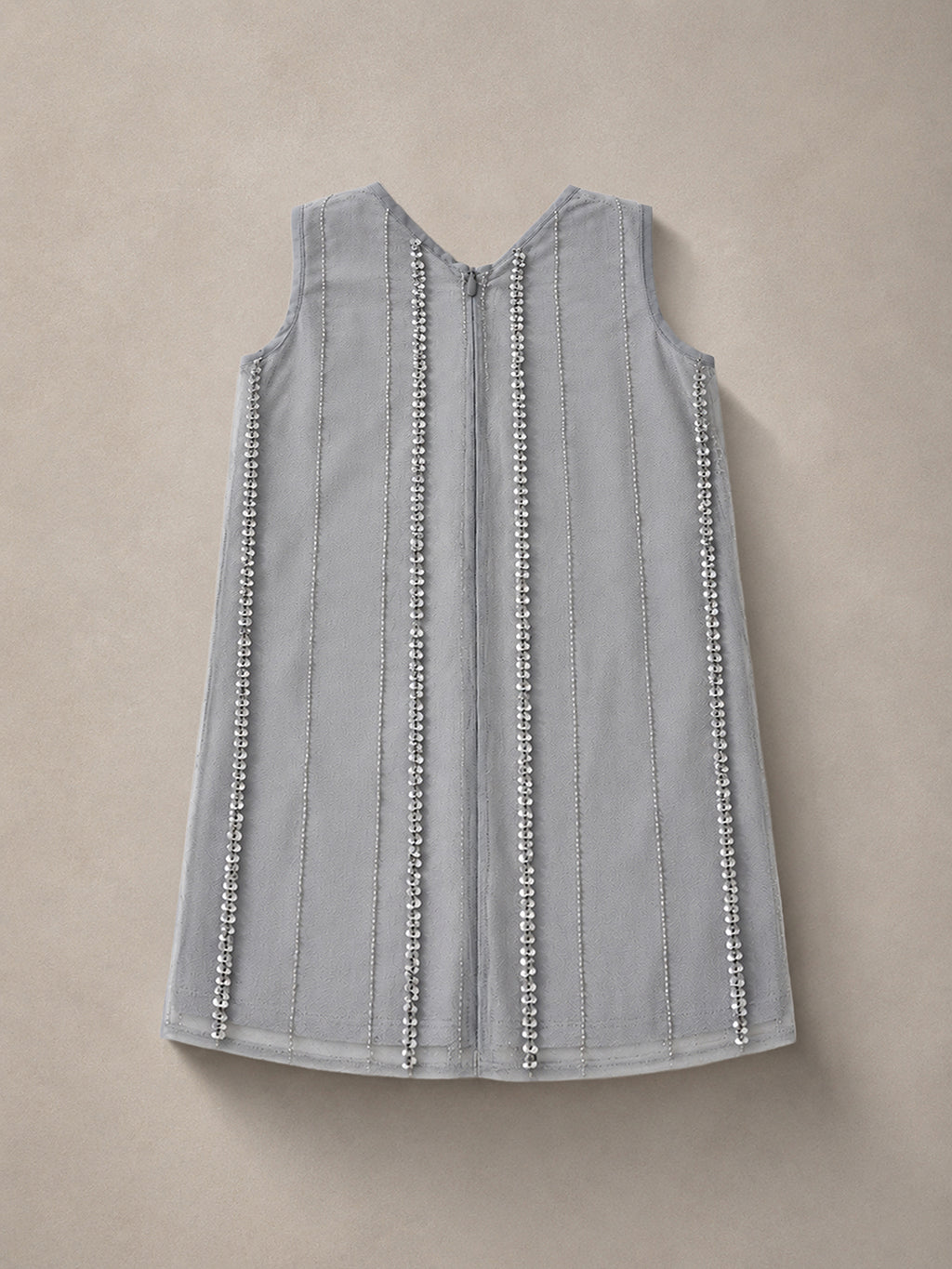 Cherry Crumble Girls Grey Solid Embellished Sleeveless A-Line Dress