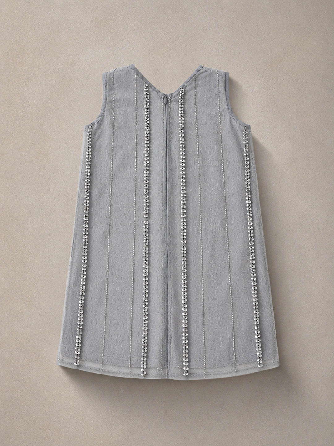 Cherry Crumble Girls Grey Solid Embellished Sleeveless A-Line Dress