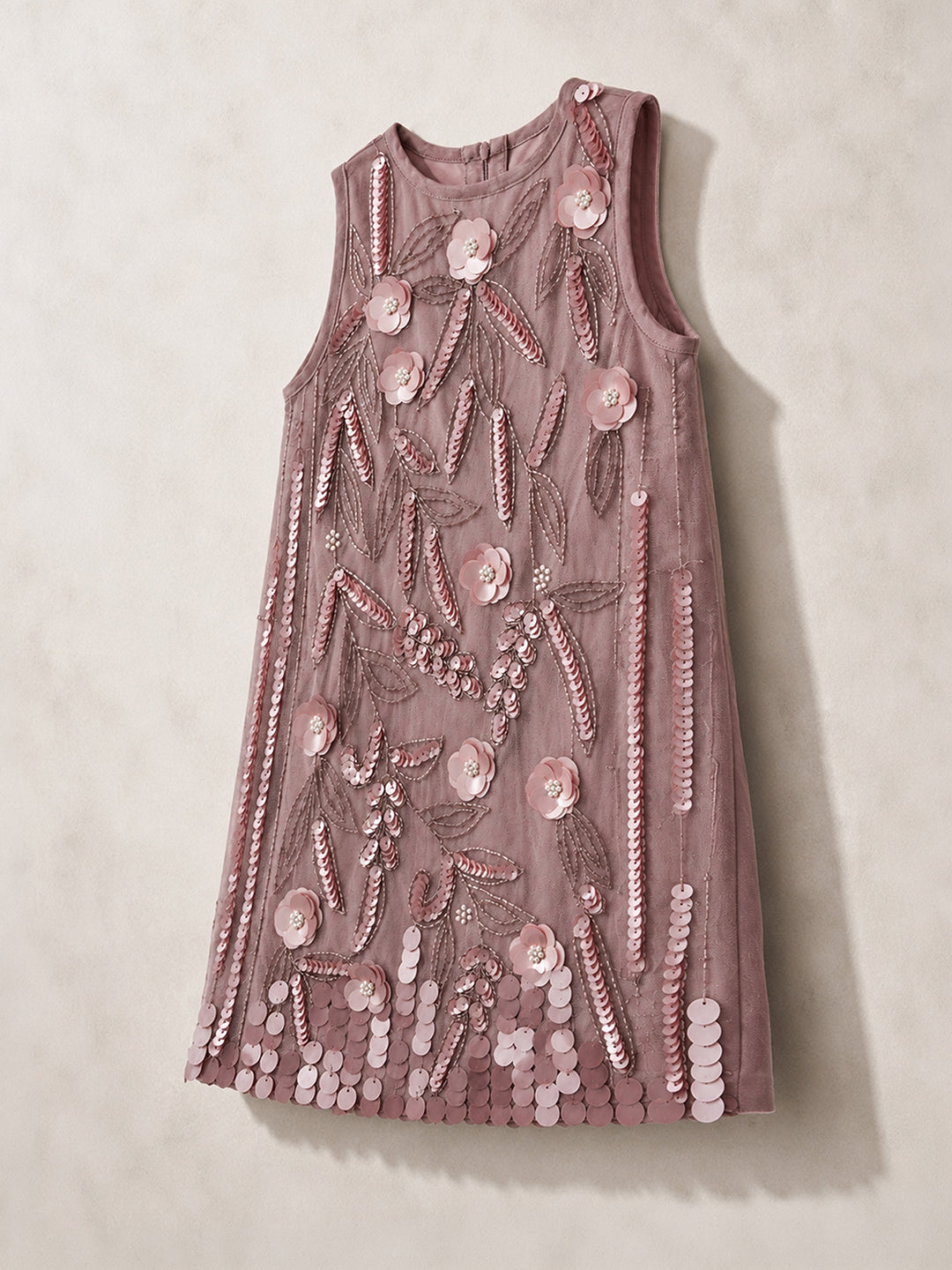 Beige Sequin Embroidered Tulle A-Line Dress