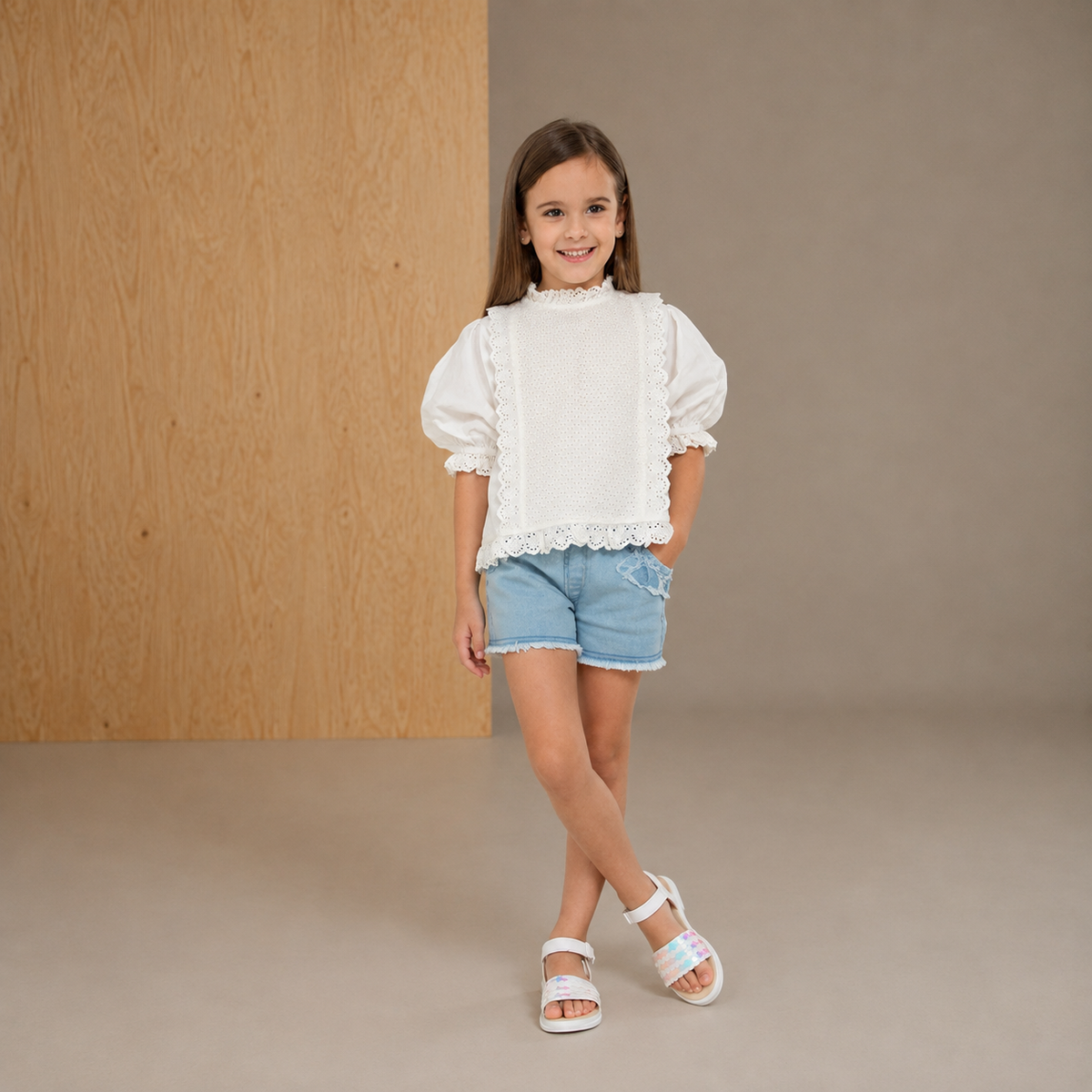 White Schiffli Embroidered Girls Top