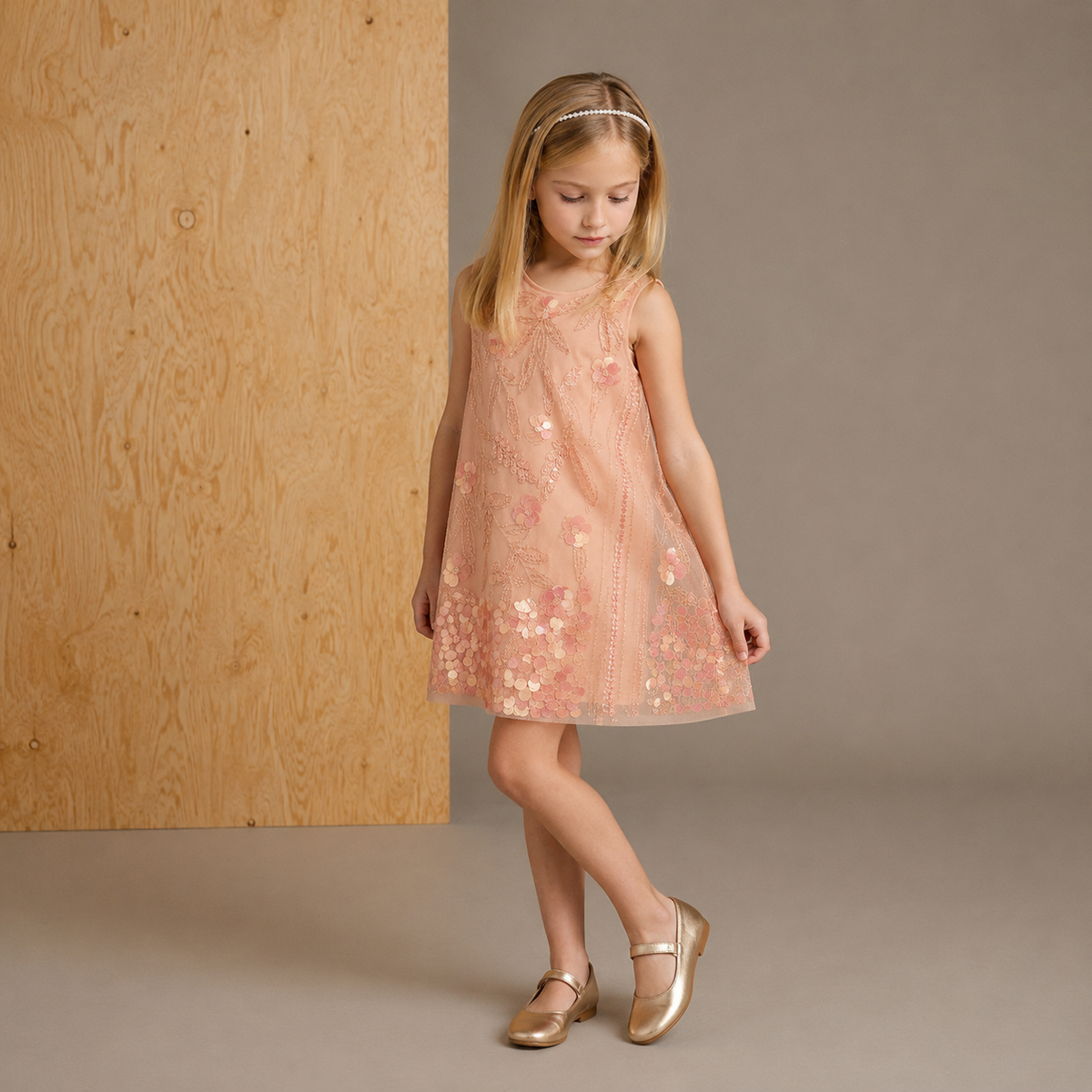Golden Glimmer Embroidered Sequined Round Neck A-Line Dress