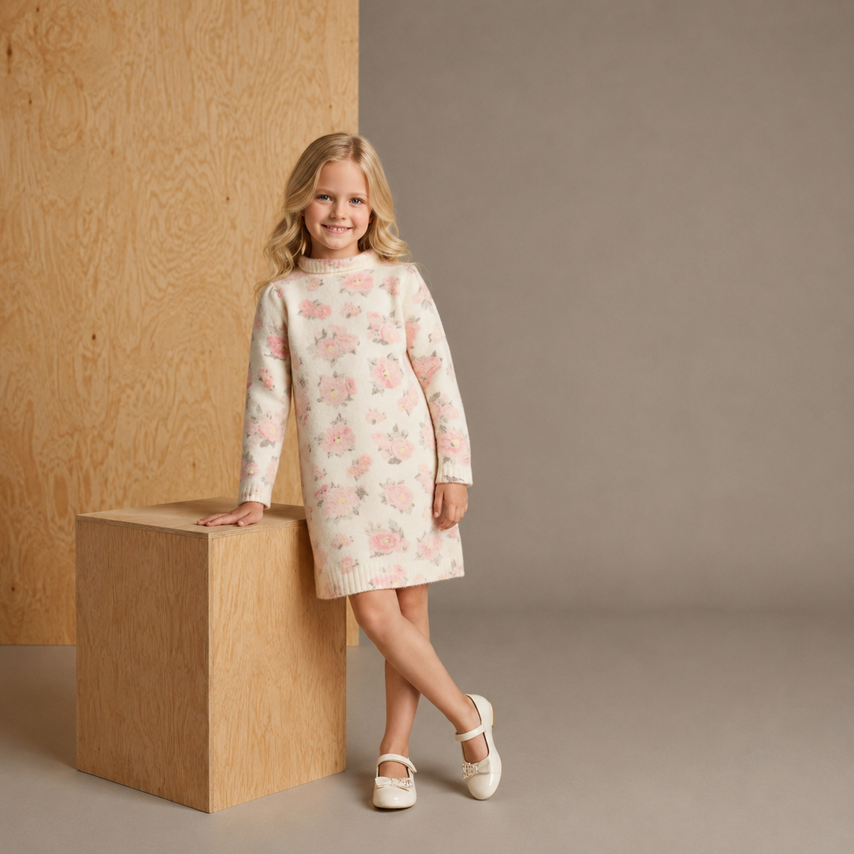 Girls Floral Knit Sweater Dress – Full Sleeve Winter Wear