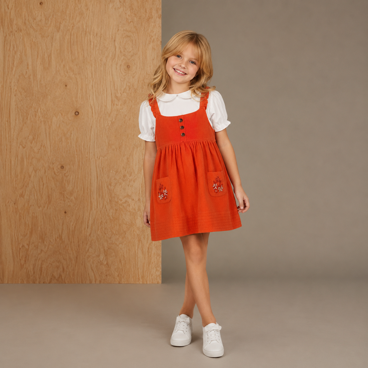 Girls Orange Pinafore Dress With Half Puffed Sleeves Tee