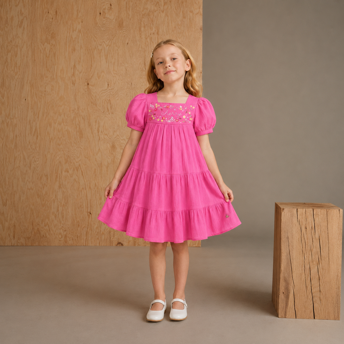 Hot Pink Floral Embroidery Cotton Tiered Flared Dress