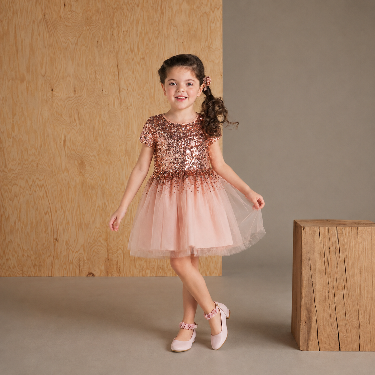 Salmon Sequined Sweet Stylish Partywear Dress