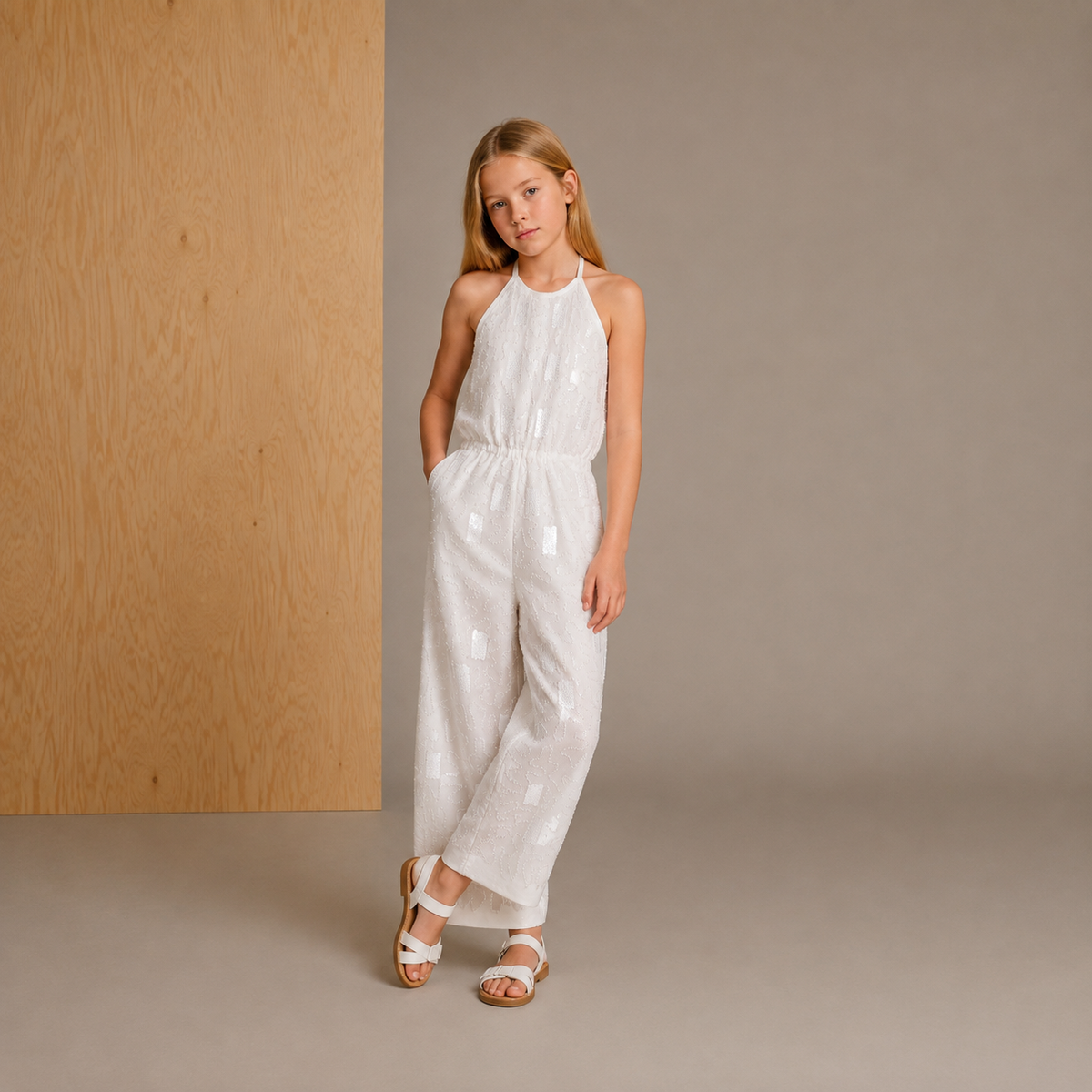 White Sequined Partywear Classic Jumpsuit
