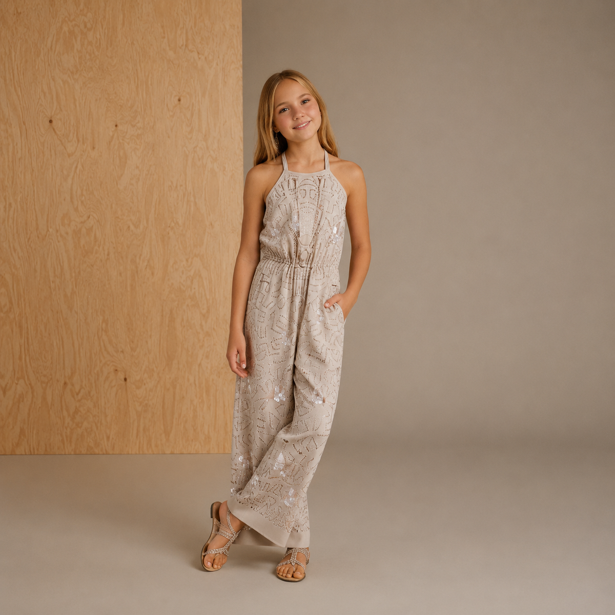 Beige Sweet-Classic Sequin Partywear Jumpsuit