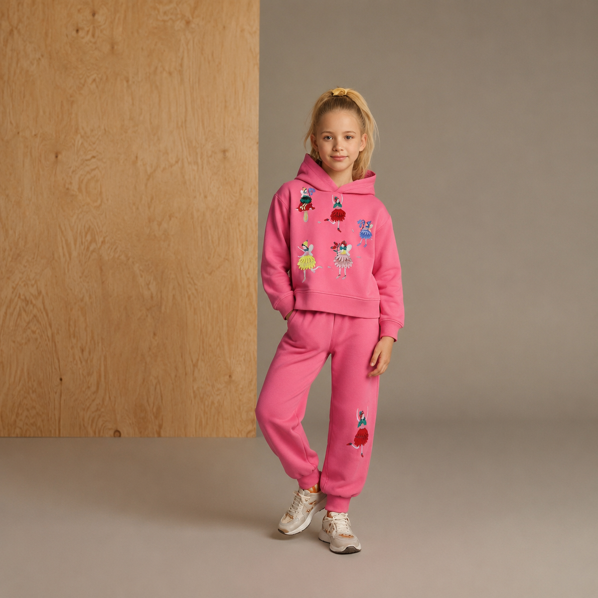 Pink Solid Applique Embroidered Sweet Classic Winter Sweatshirt Set