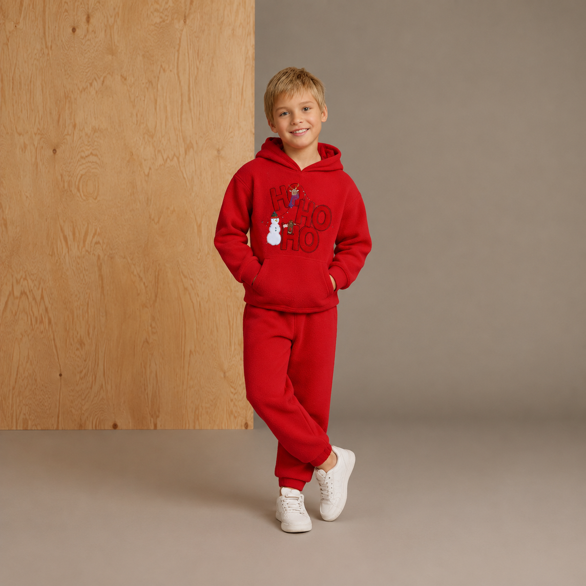 Red Solid Applique Embroidered Sweatshirt Set