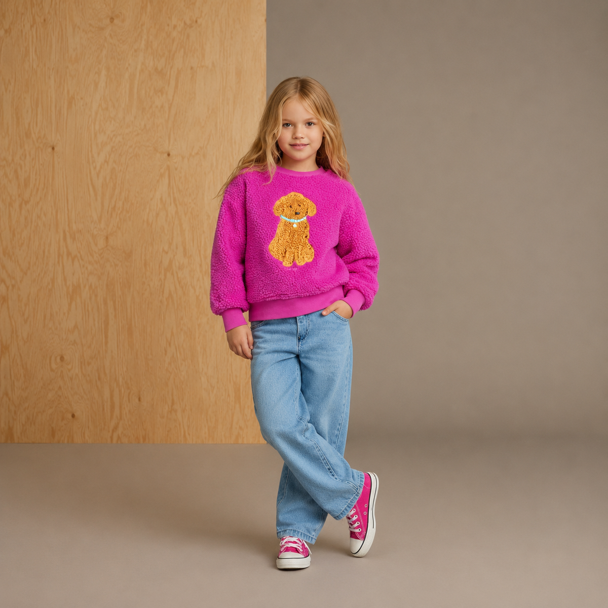 Magenta Solid Applique Snug Classic Winter Sweatshirt