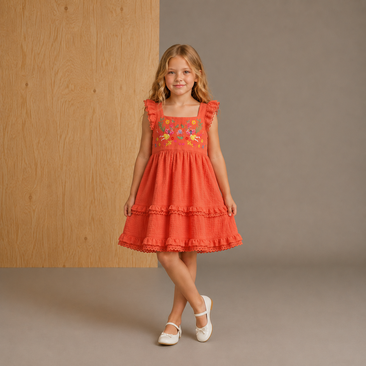 Orange Solid Embroidered Cozy Stylish Dress