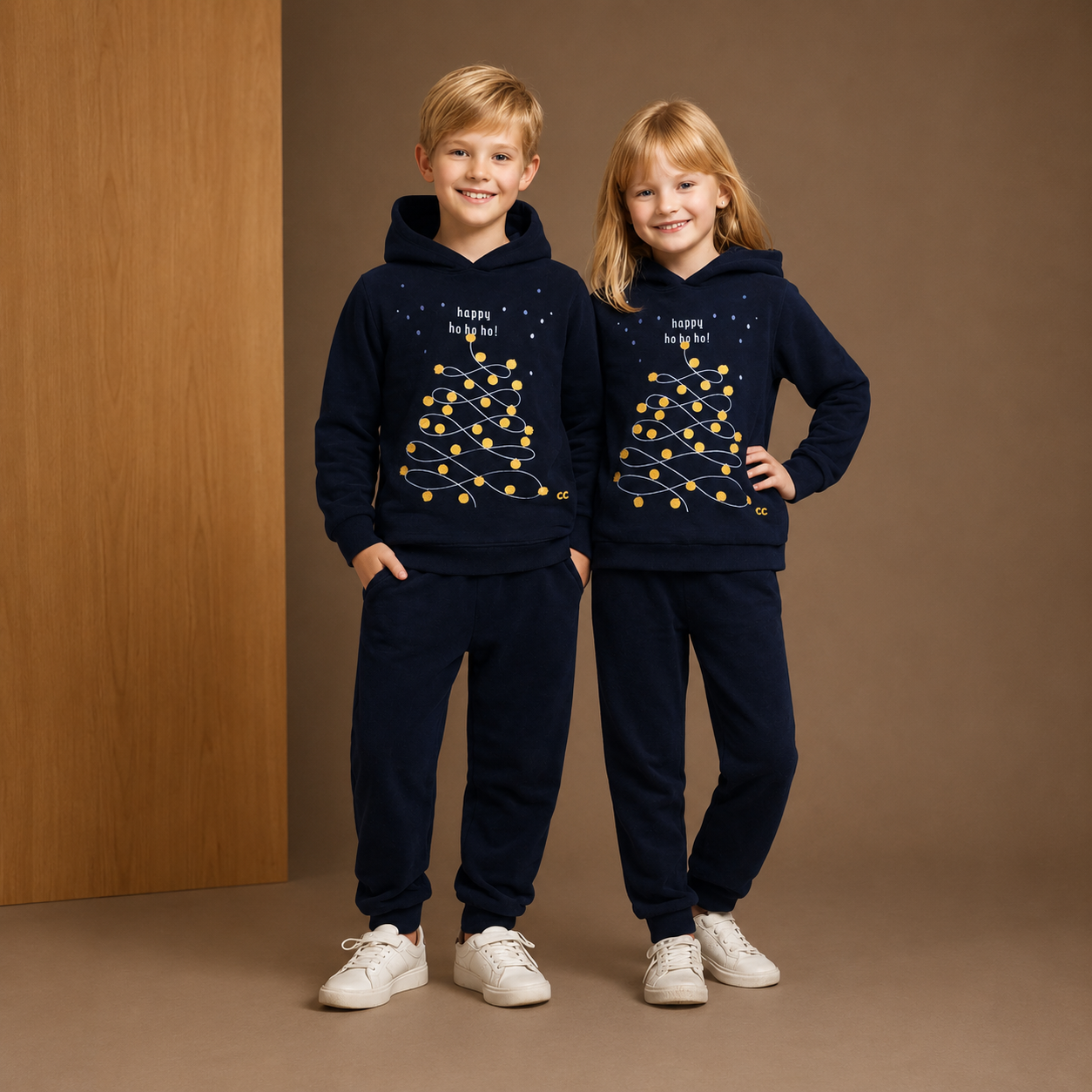 Dunkelblaues besticktes Winter-Kapuzenpullover-Set
