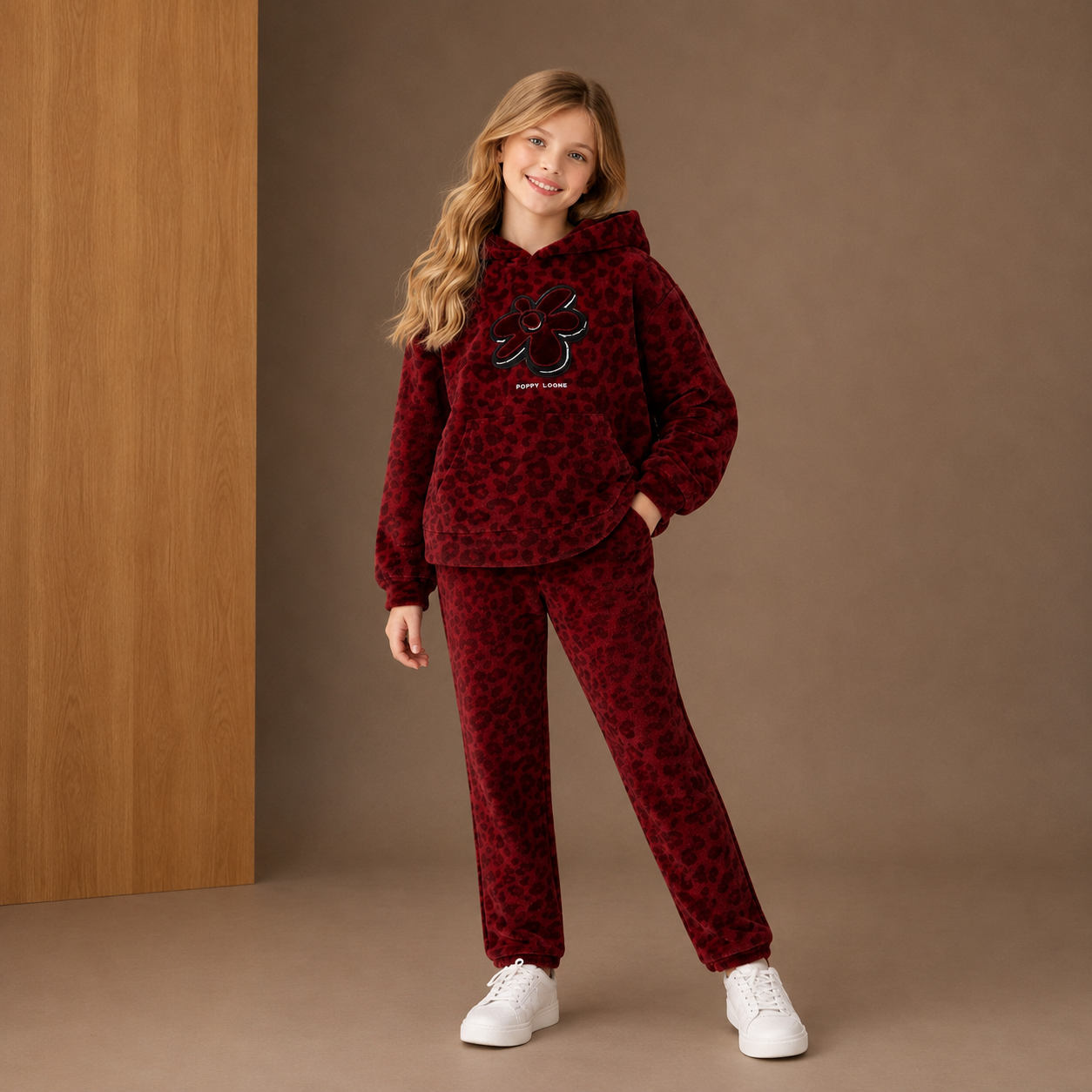 Ensemble sweat à capuche imprimé en molleton "Maroon Charm"