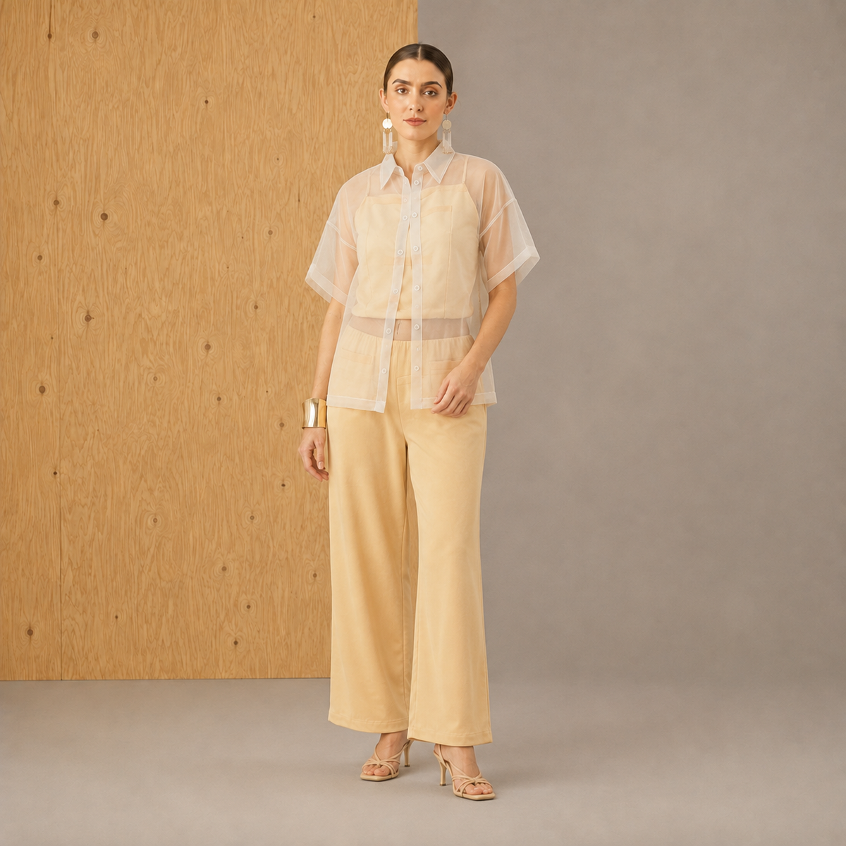 Women Off White Printed Solid Polyester Collared Co-Ord Set
