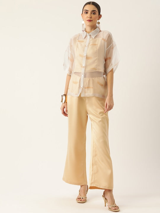 Women Off White Printed Solid Polyester Collared Co-Ord Set