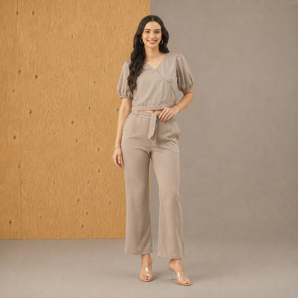 Women Grey Solid Polyester V-Neck Co-Ord Set