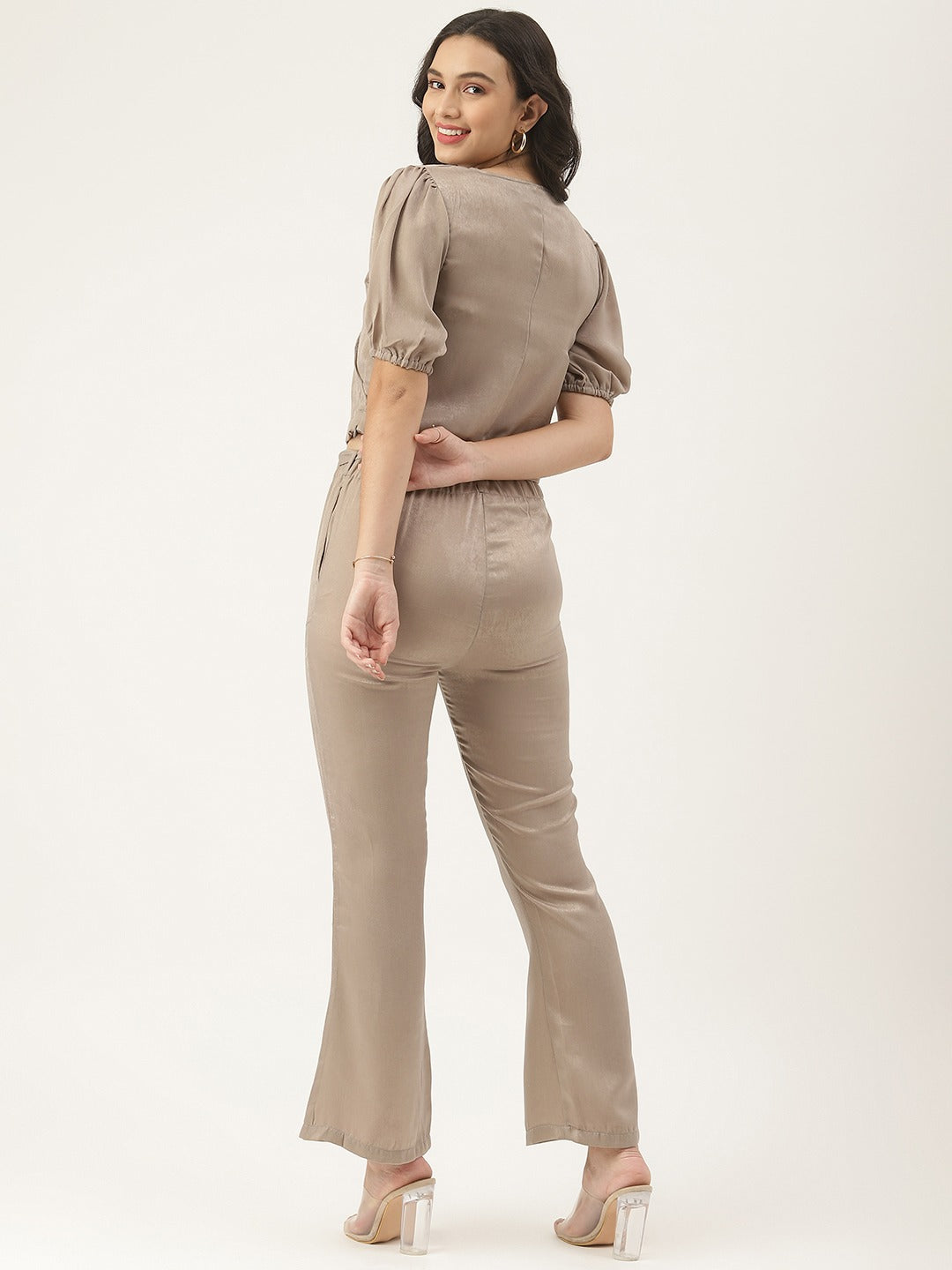 Women Grey Solid Polyester V-Neck Co-Ord Set