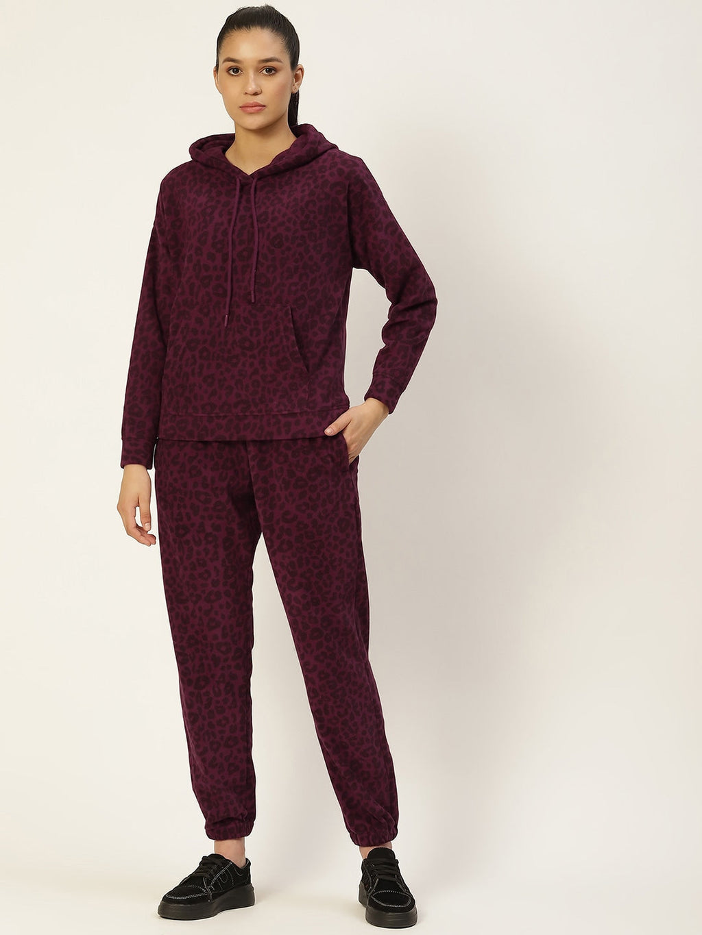 Women Black Solid Fleece Hood Co-Ord Set