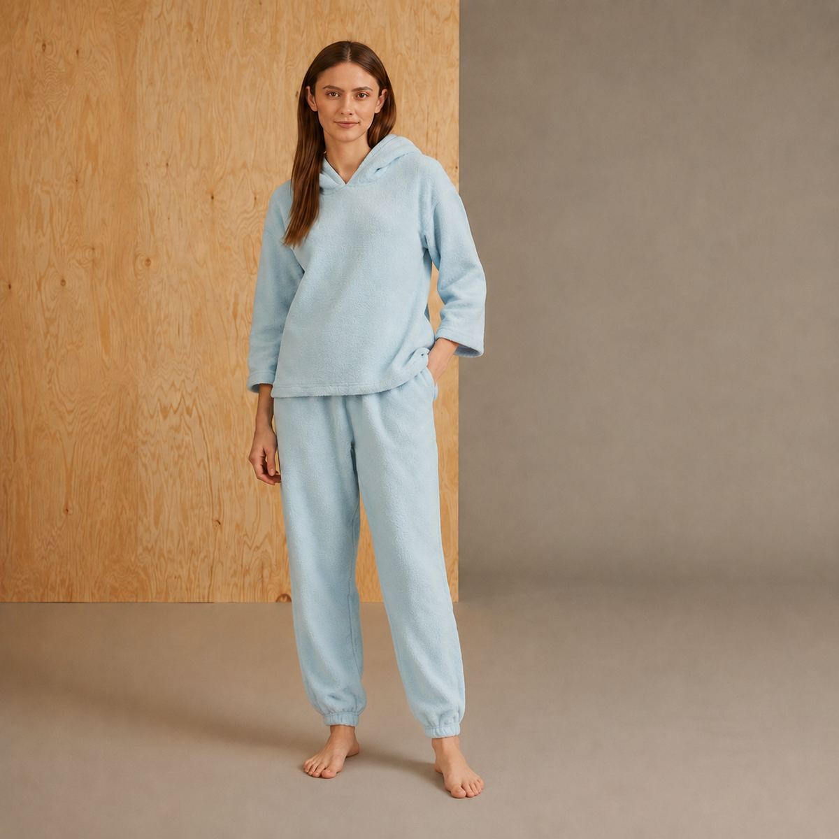 Women Sky Blue Solid Polyester Hooded Nightsuit