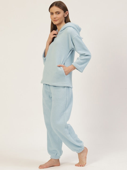 Women Sky Blue Solid Polyester Hooded Nightsuit