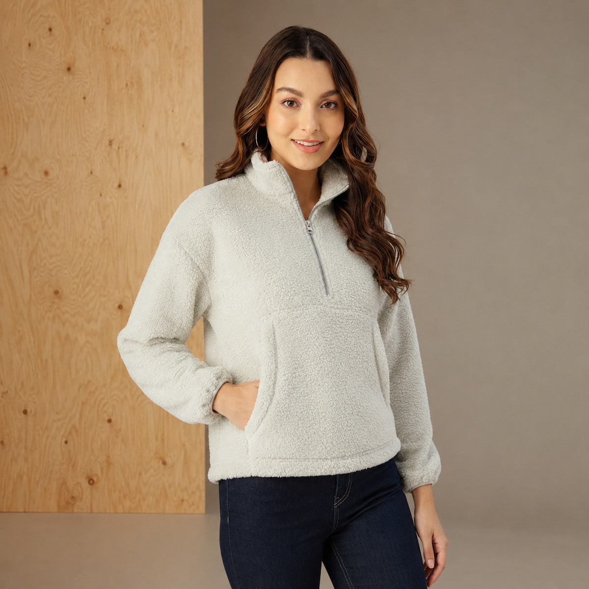 Women Dawn Blue Solid Polyester High Neck Sweatshirt