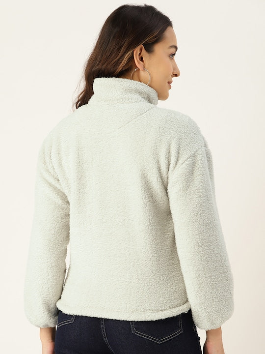 Women Dawn Blue Solid Polyester High Neck Sweatshirt