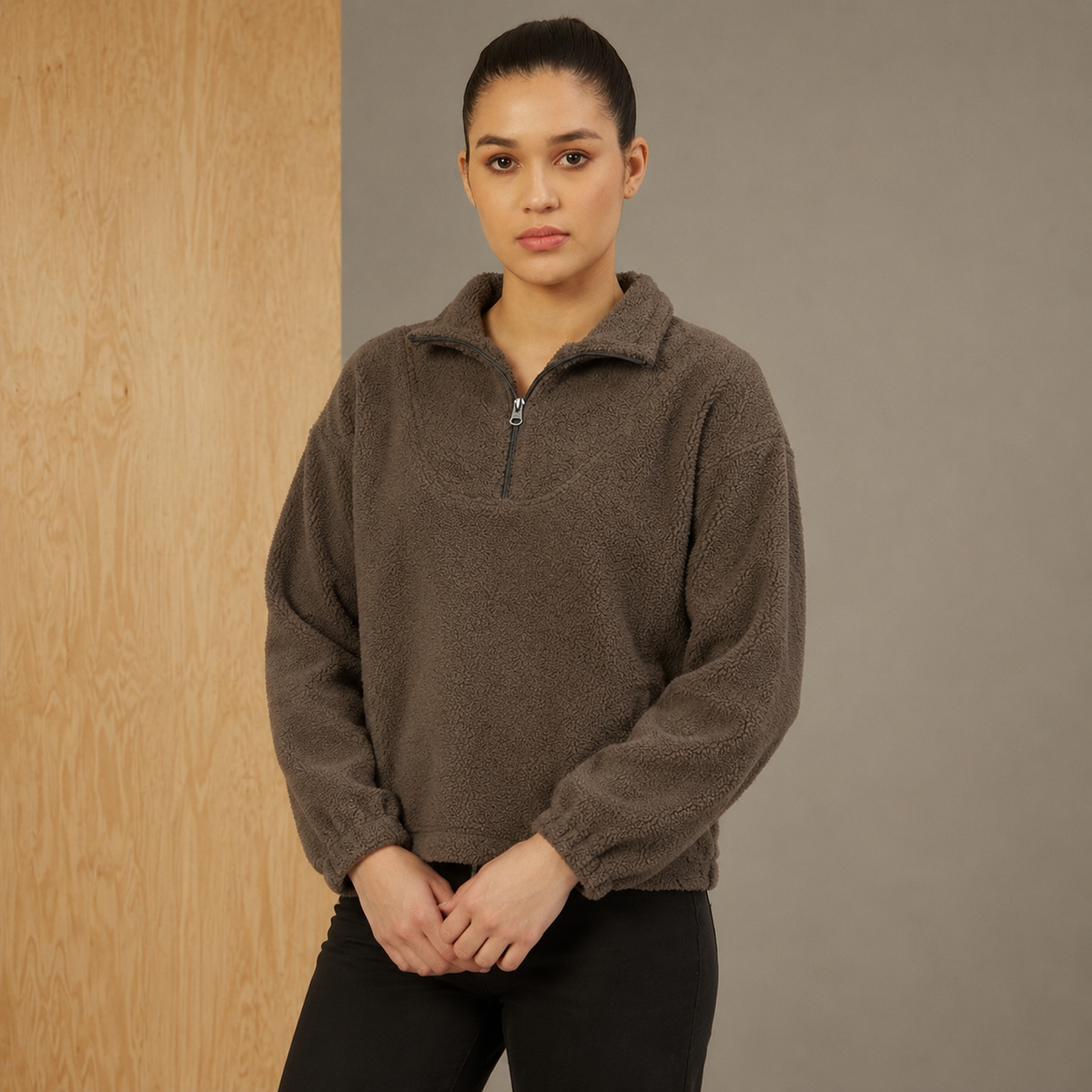 Women Khaki Solid Sherpa High Neck Sweatshirt