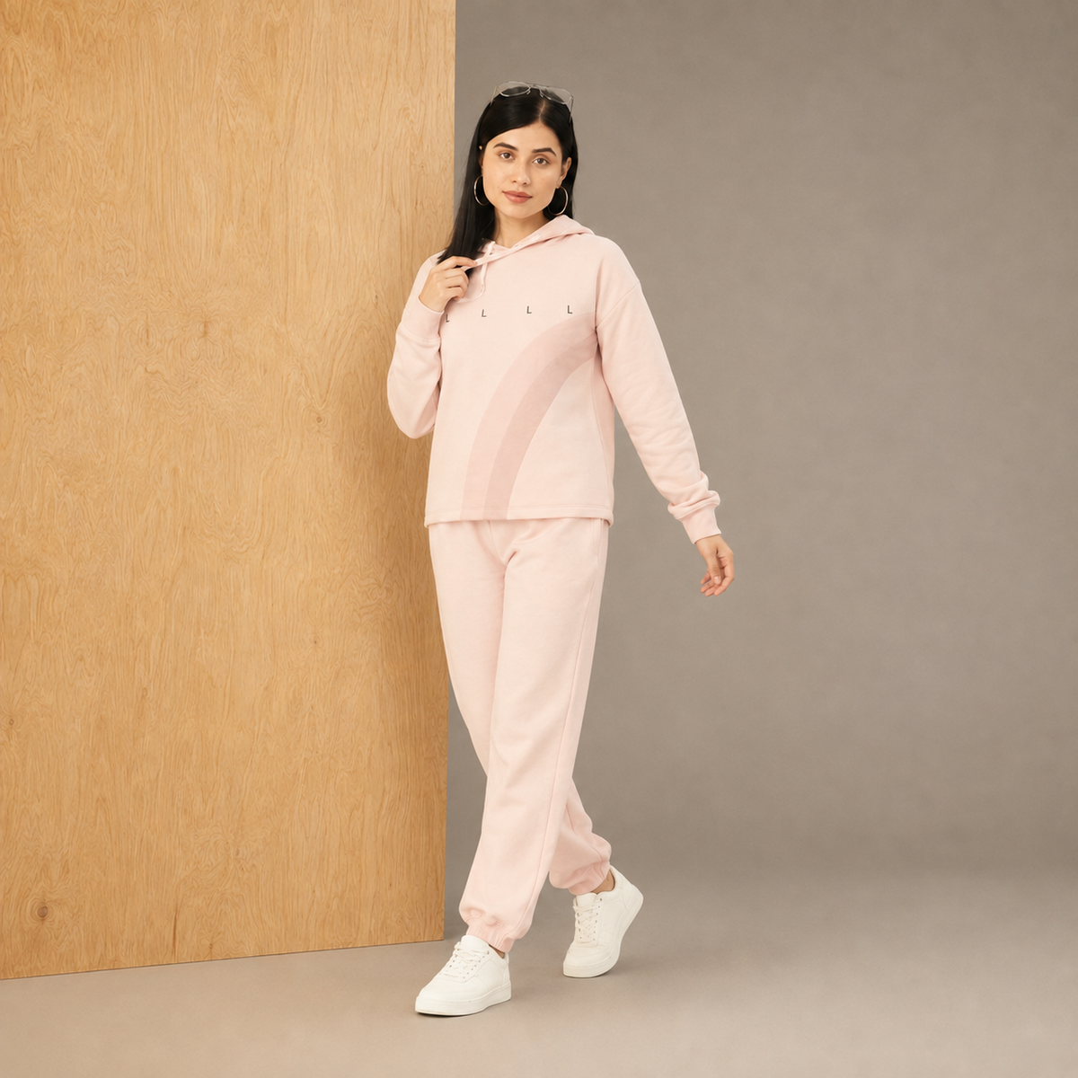 Women Baby Pink Print Fleece Hood Co-Ord Set