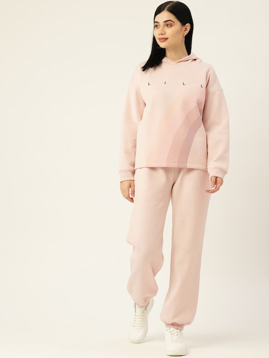 Women Baby Pink Print Fleece Hood Co-Ord Set