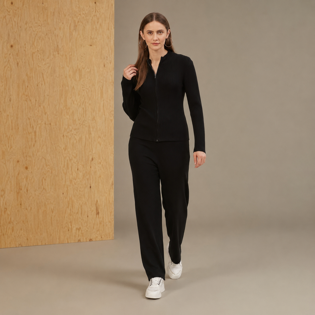 Women Black Vertical Rib High Neck Co-Ord Set