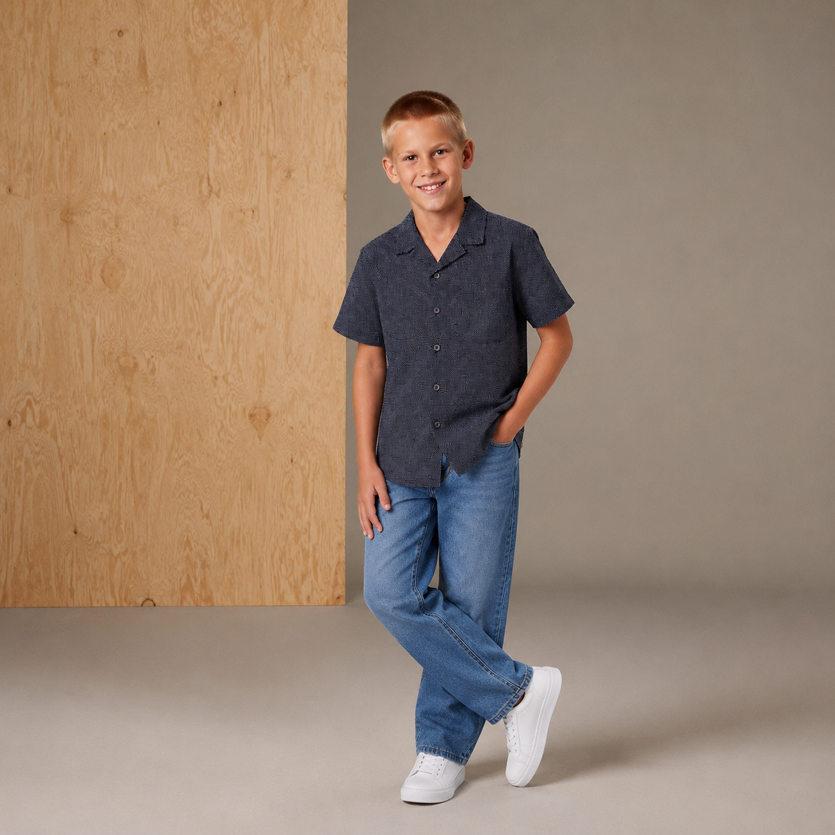 Navy & Beige Polka Dot Playful-Classic Summer Boy's Shirt