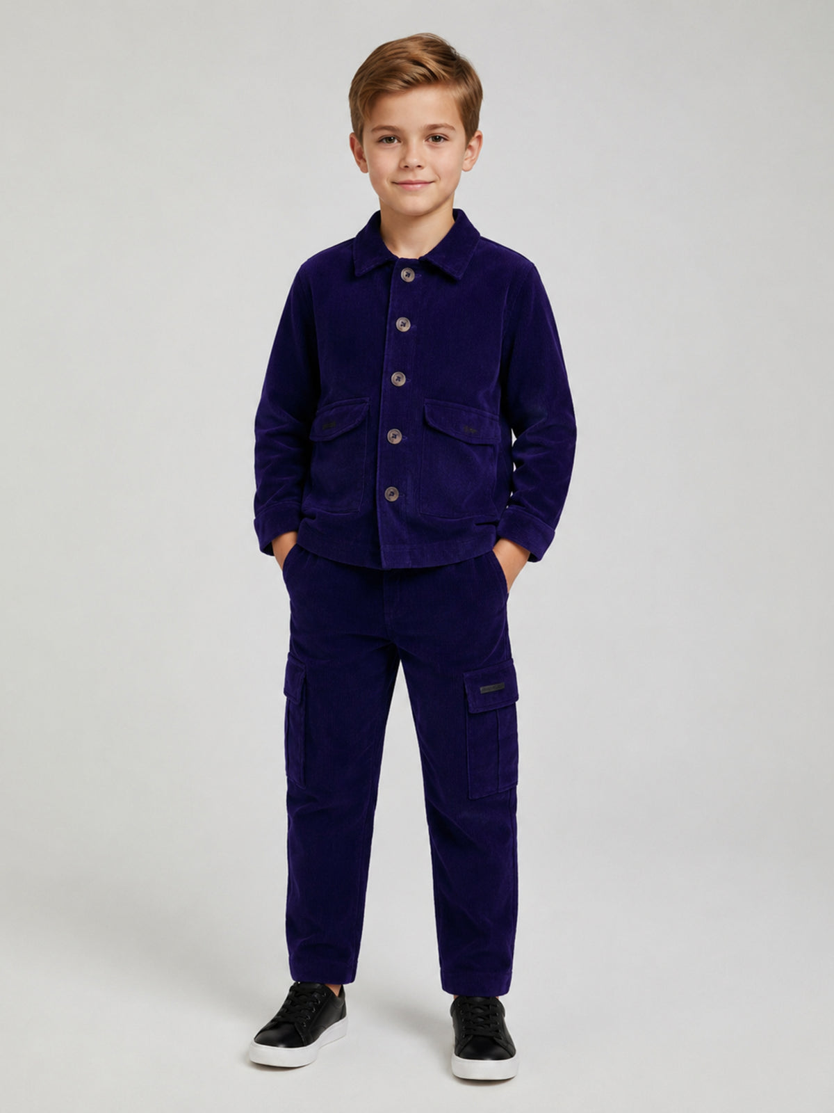 Navy Blue Solid Boys Corduroy Jacket Set