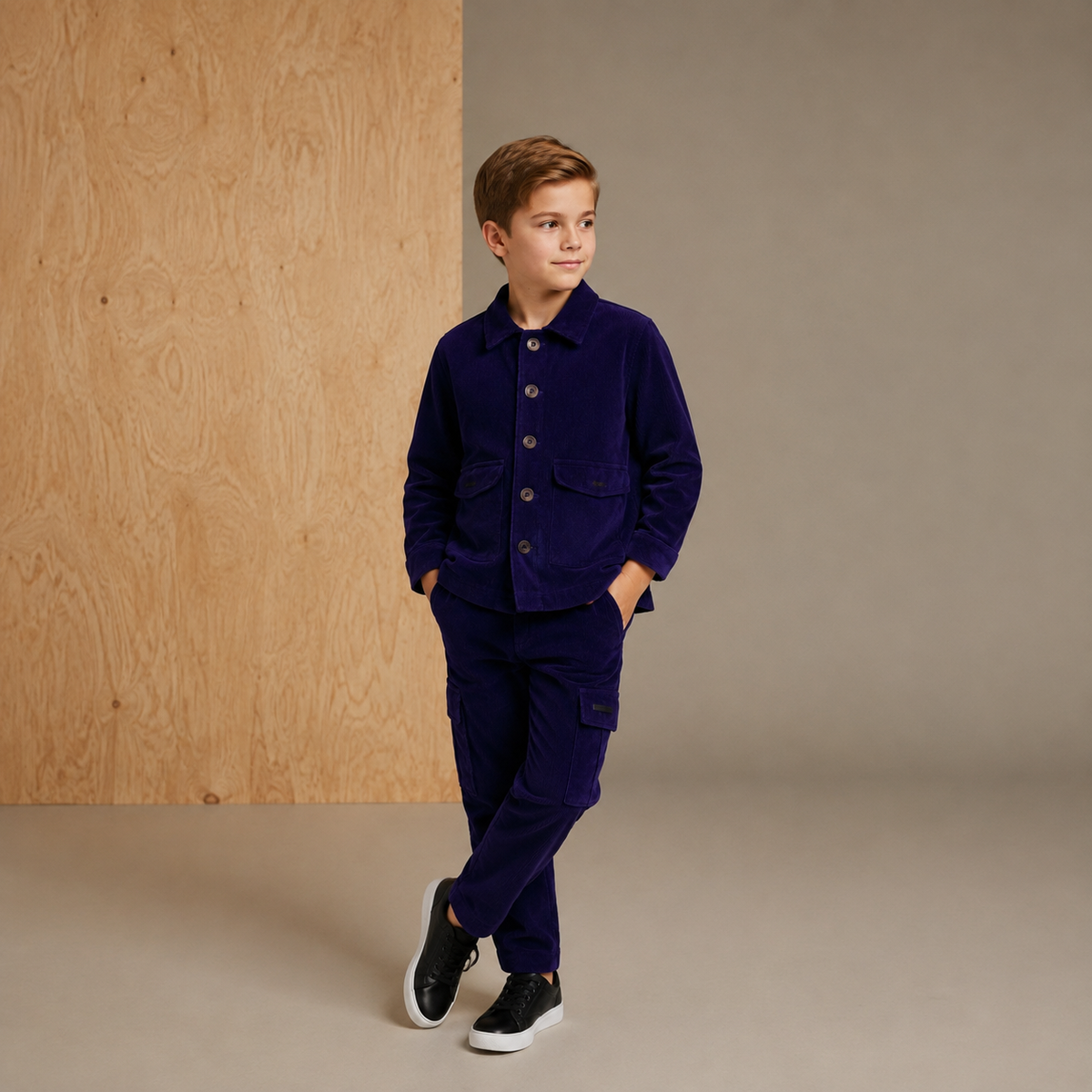 Navy Blue Solid Boys Corduroy Jacket Set
