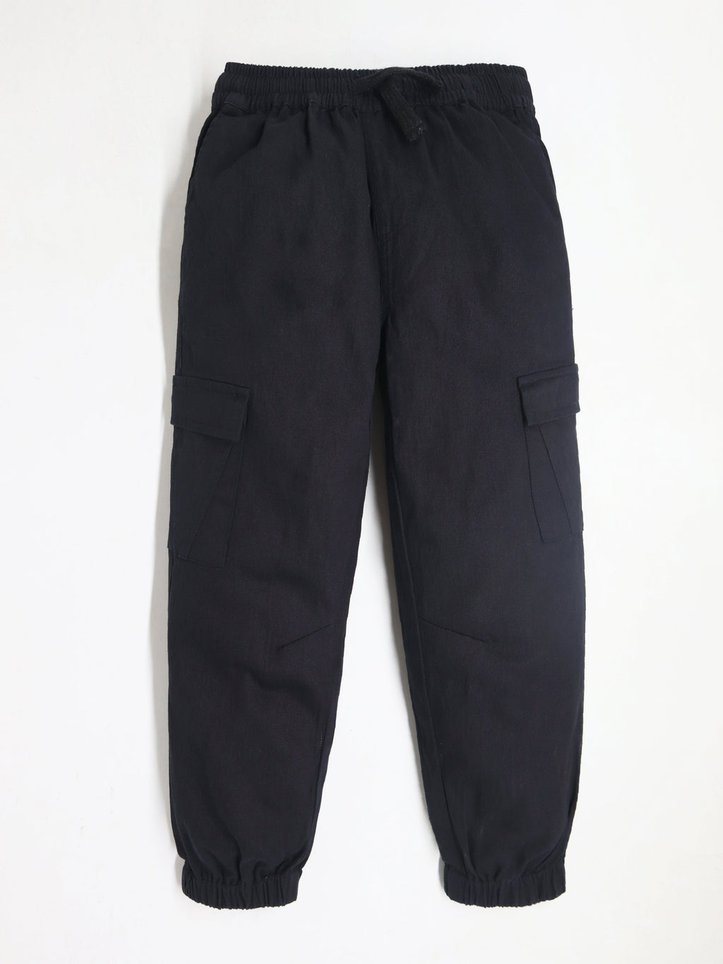 Cherry Crumble Black Solid Cotton Twill Casual Wear Baggy Fit Summer Joggers For Boys