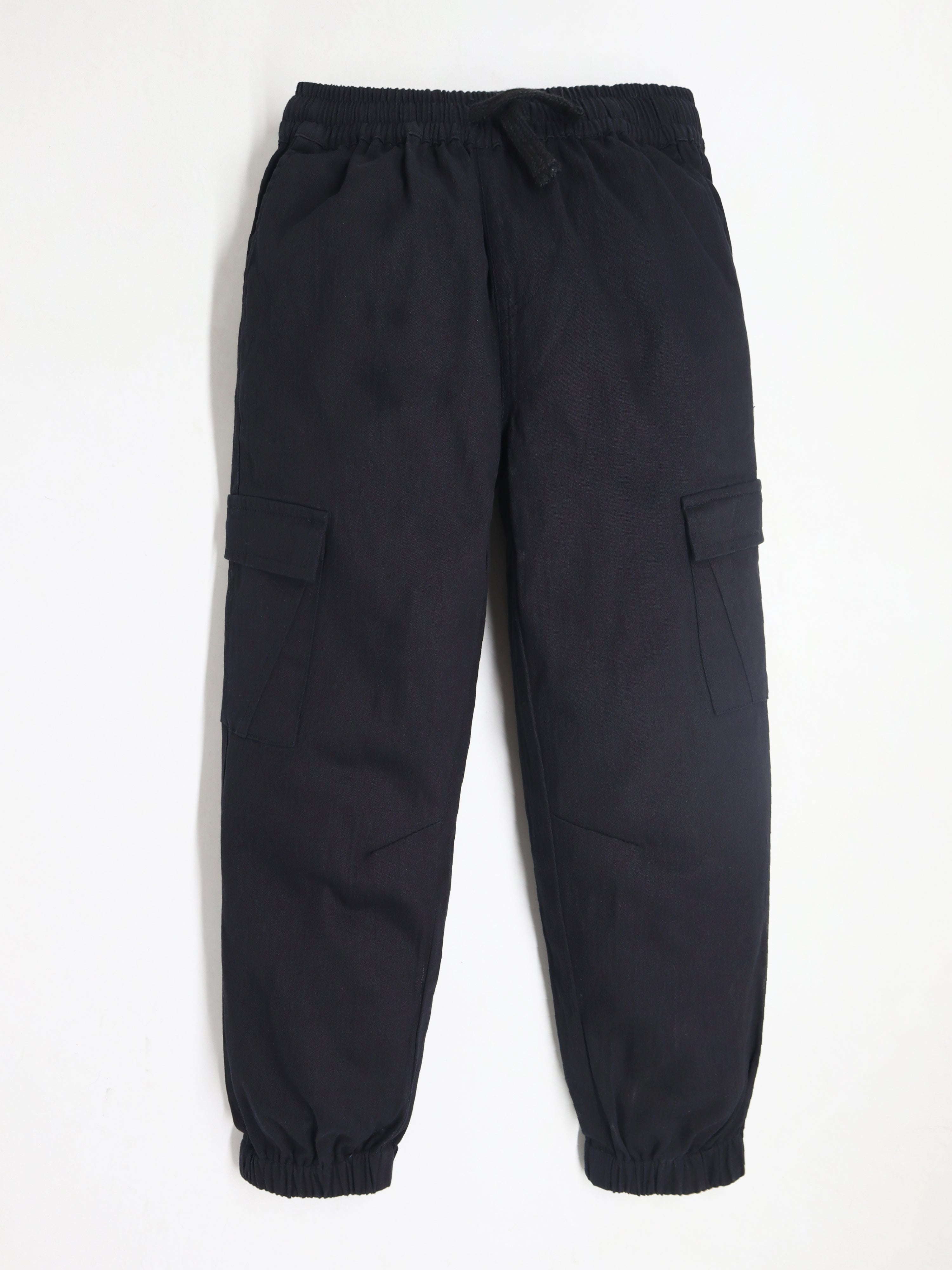 Cherry Crumble Black Solid Cotton Twill Casual Wear Baggy Fit Summer Joggers For Boys