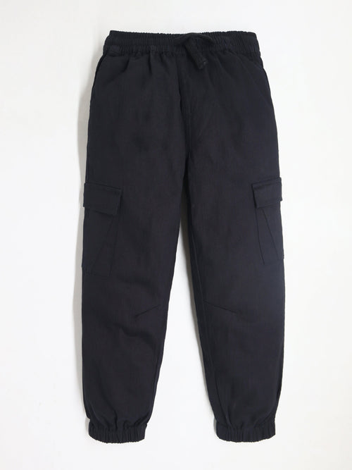 Cherry Crumble Black Solid Cotton Twill Casual Wear Baggy Fit Summer Joggers For Boys