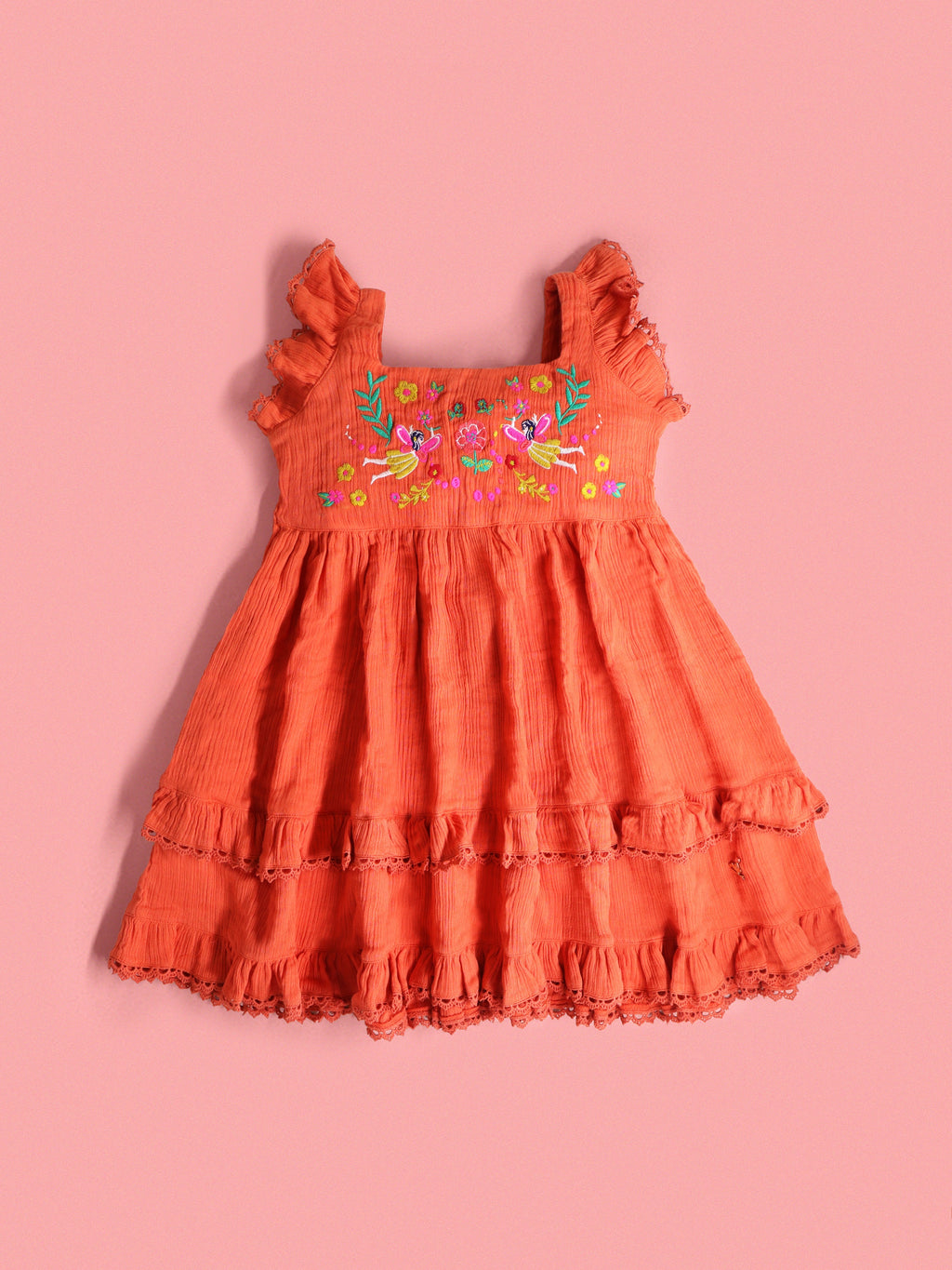 Cherry Crumble Orange Solid Embroidered Cozy Stylish Dress
