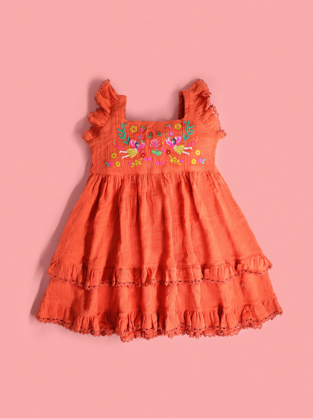 Cherry Crumble Orange Solid Embroidered Cozy Stylish Dress