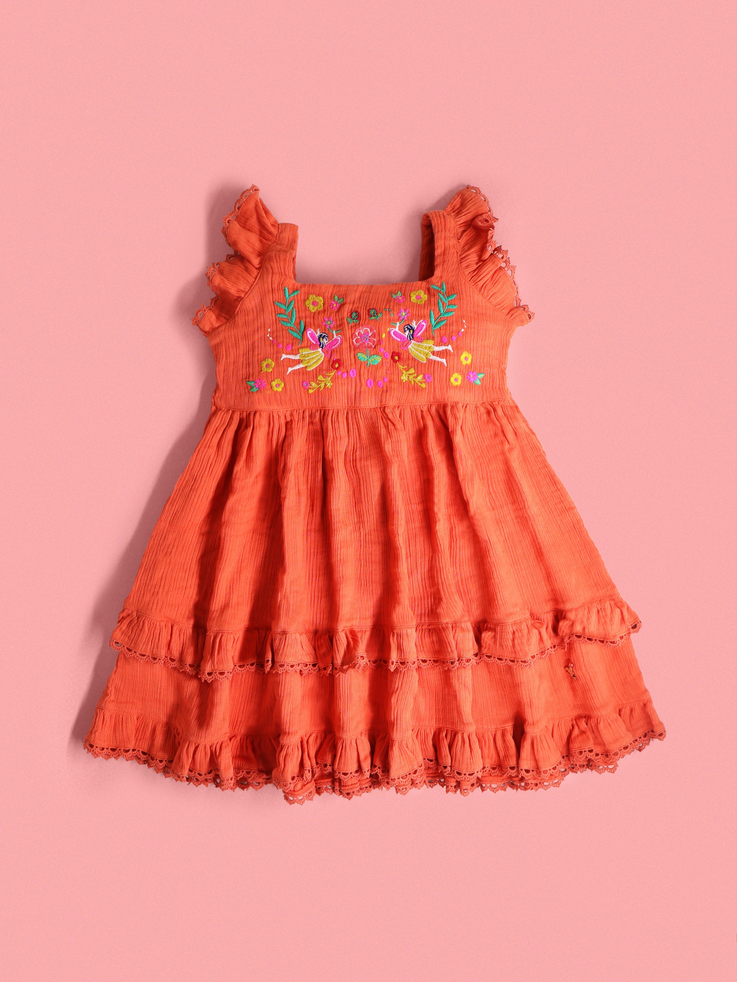 Cherry Crumble Orange Solid Embroidered Cozy Stylish Dress