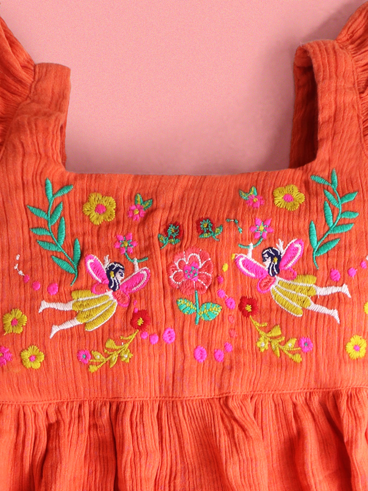 Cherry Crumble Orange Solid Embroidered Cozy Stylish Dress