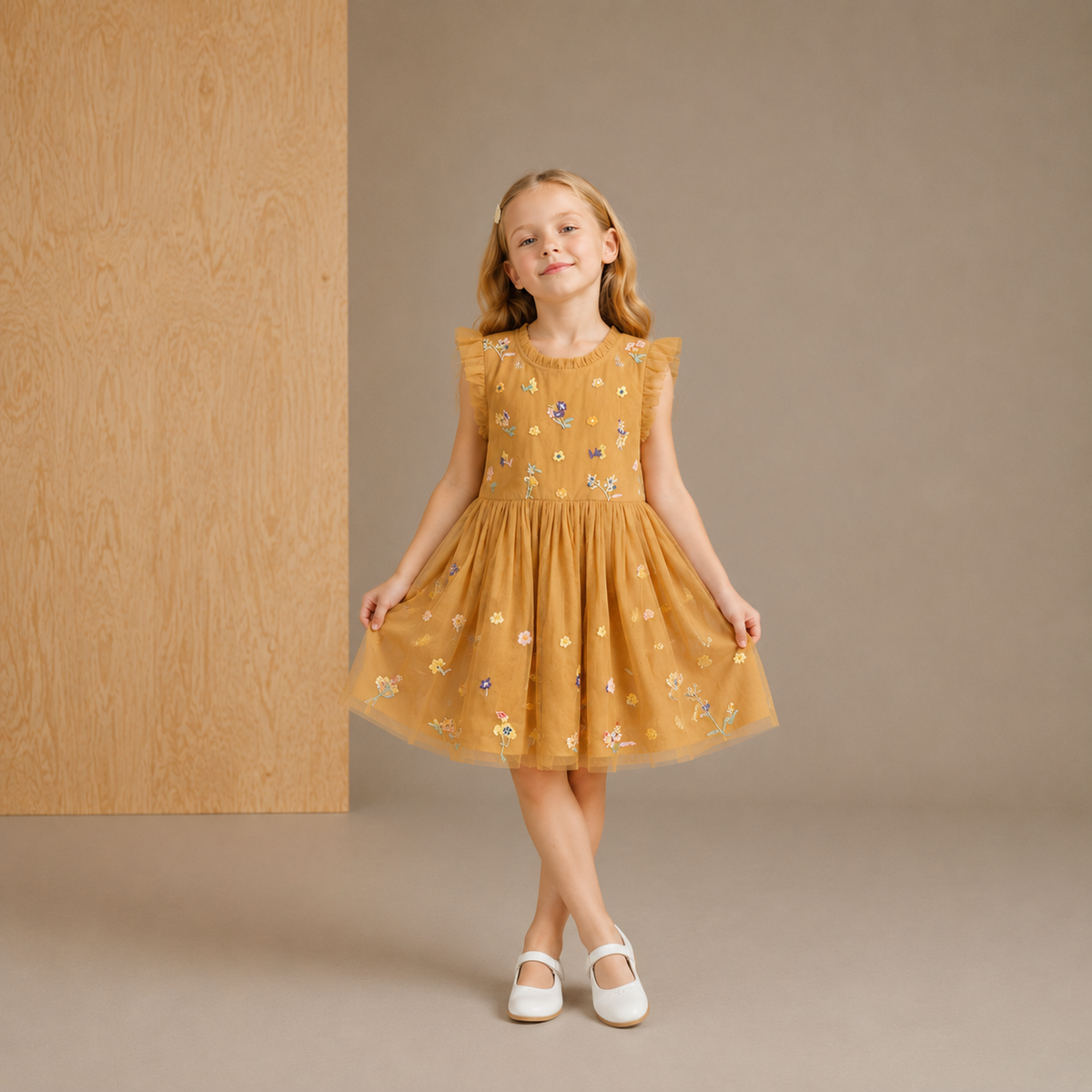Mustard Yellow Floral Embroidery Tulle Fit-and-Flare Dress