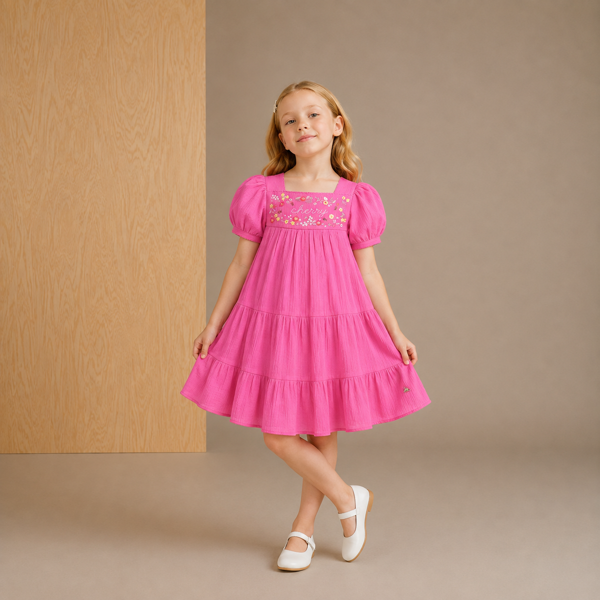 Hot Pink Floral Embroidery Cotton Tiered Flared Dress