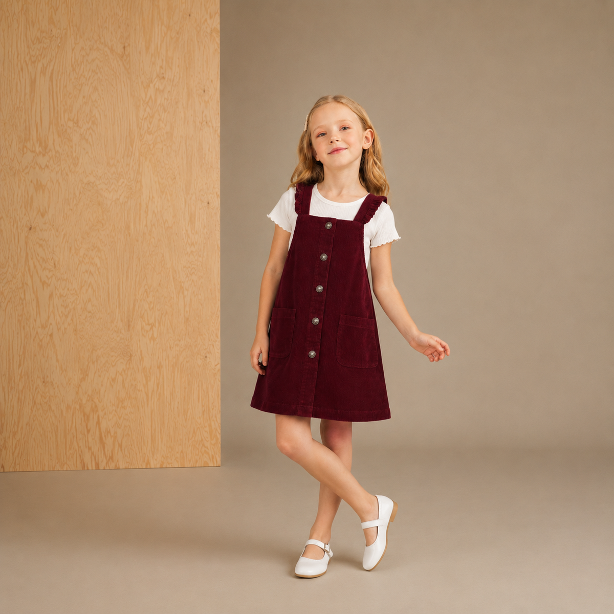 Girls Wine Cotton Dungaree Dress – Button-Front Winter Pinafore