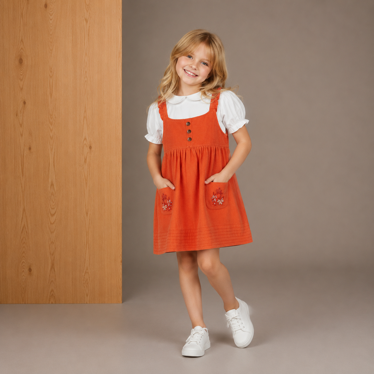 Girls Orange Pinafore Dress With Half Puffed Sleeves Tee